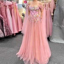 Elegant Pink Wedding Dress Flower Appliques A-line Tull Party Evening Gowns