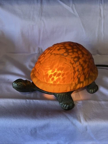 Tiffany Style Frosted Amber Glass Turtle Accent Light Vintage W/Cast Body Works