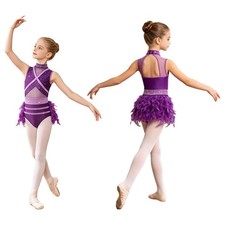 Girls Mesh Patchwork Feather Cutout Back Shiny Leotard Dance Performance Costume
