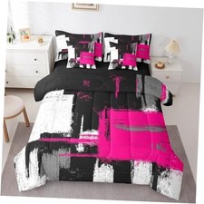 7 Piece Bedding Set Abstract Morden Comforter Set Queen Hot Pink Black White