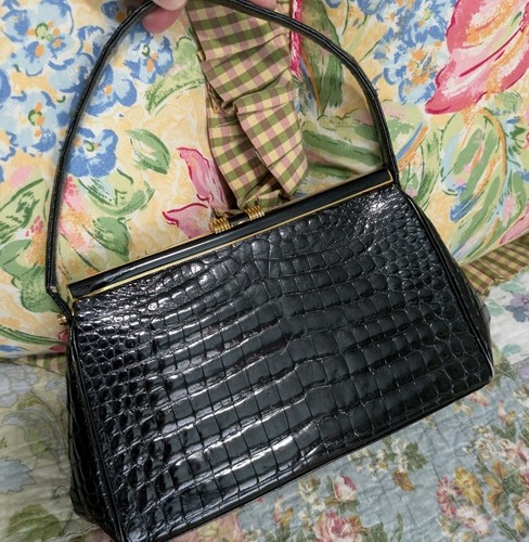 Vintage Coblentz Made In France Black Leather Reptile Embossed Handbag Purse