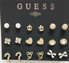 NEW GUESS 9 PC SET GOLD TONE,CROWN,HEART,PEARL,BALL,?,BOW STUD EARRINGS V29787