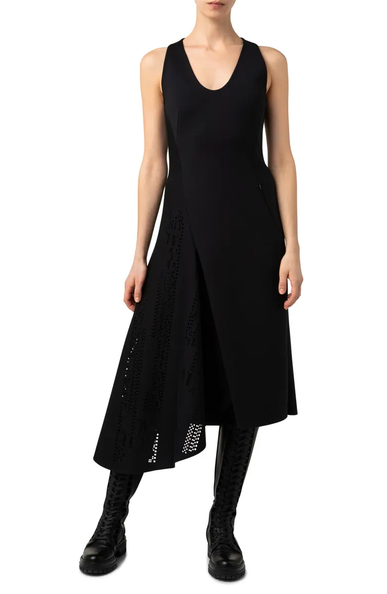 New 12 Akris Punto Perforated Black Scuba Punchcard Assymetrical Dress