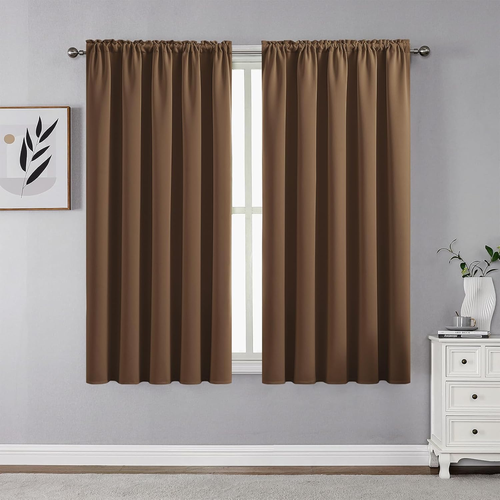 Brown Blackout Curtains 45 Inch Length 2 Panels Set, Rod Pocket Room Darkening D - Picture 12 of 12