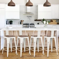 4X Bar Stools Counter Height Stools Industrial Metal Barstools w Wooden Seats