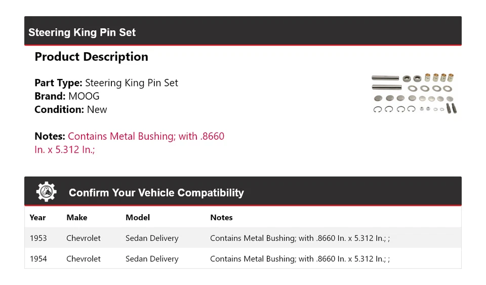 Juego de pasadores King de dirección de entrega para Chevrolet Sedán 1953-1954 MOOG Foto 2 de 4