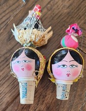 Wood & Cork Women Wine Toppers Hand Painted from Portugal, Set Of 2, EUC