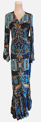 ADELE B. WOMENS COTTON PAISLEY LONG WRAP DRESS  MULTI COLOR RUFFLED BOTTOM ~ S