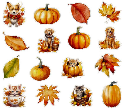  48 Watercolor FALL STICKERS cat kitten dog PUMPKINS Maple LEAVES Autumn Leaf