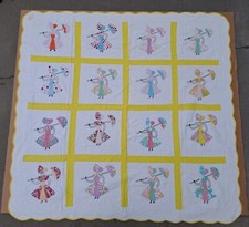 Vintage Handmade Parasol Lady Southern Belle Feed Seed Sack Quilt 72" x 76"