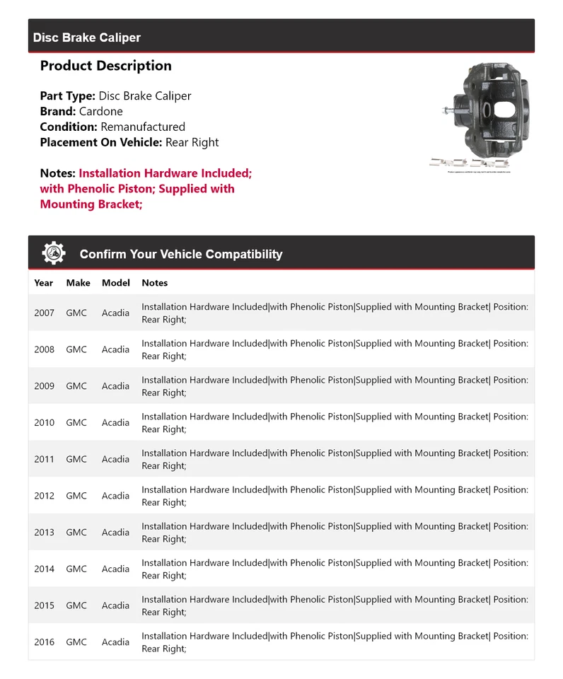 Pinça de freio a disco traseira direita Cardone 2008 2009 2010 para 2007-2016 GMC Acadia - Imagem 2 de 4