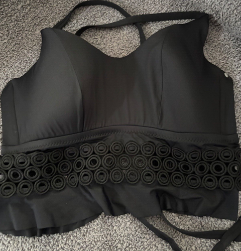 New BECCA Embroidered Halter String Bikini Swimsuit Top Black 1X (16-18)