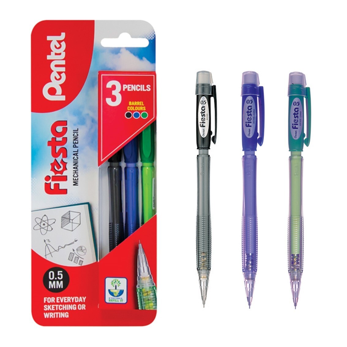 Pentel Fiesta 0.7mm Automatic Pencils - Black Barrel | Pack Of 12 | With Eraser & HB Leads