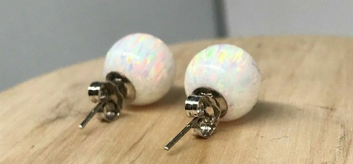 925 Sterling Silver Synthetic Opal Push Back Stud Earrings - Picture 7 of 9