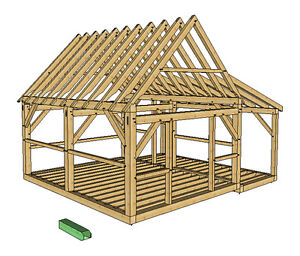 Timber Frame Cabin Plans size 16' x 20' w/porch two doors 