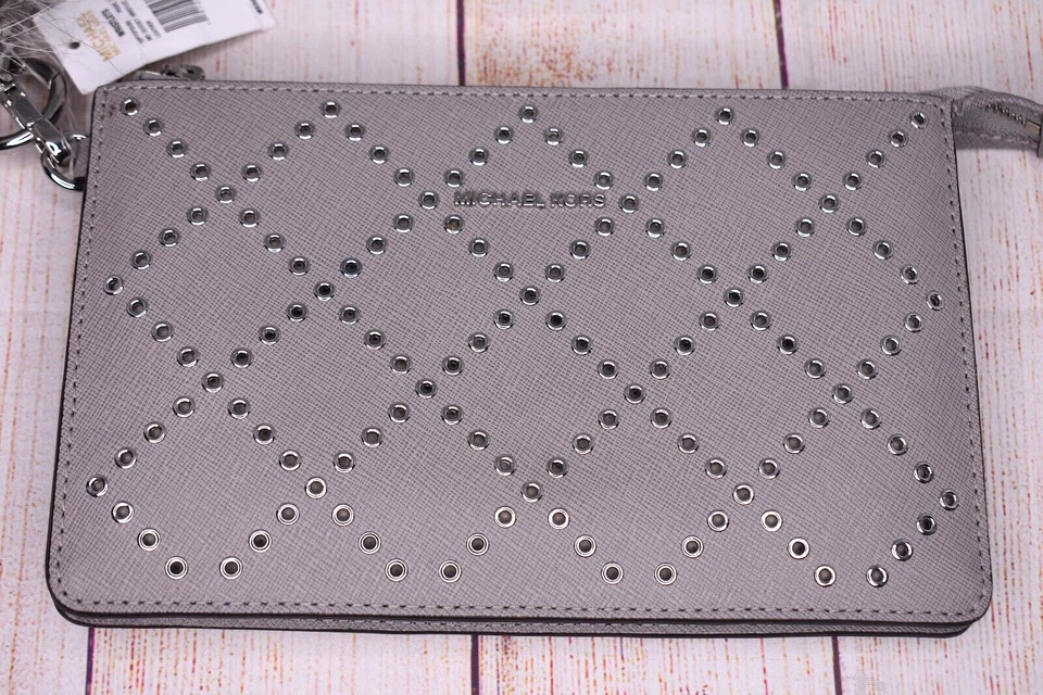 NUEVO NUEVO CON ETIQUETAS Michael Kors Mediano Refuerzo Gris Cuero Muñequera con Llavero de Piel Llavero Foto 2 de 4