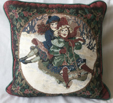 Vintage Tapestry Christmas Throw Pillow Girls Sledding Holly Frame 12  Square
