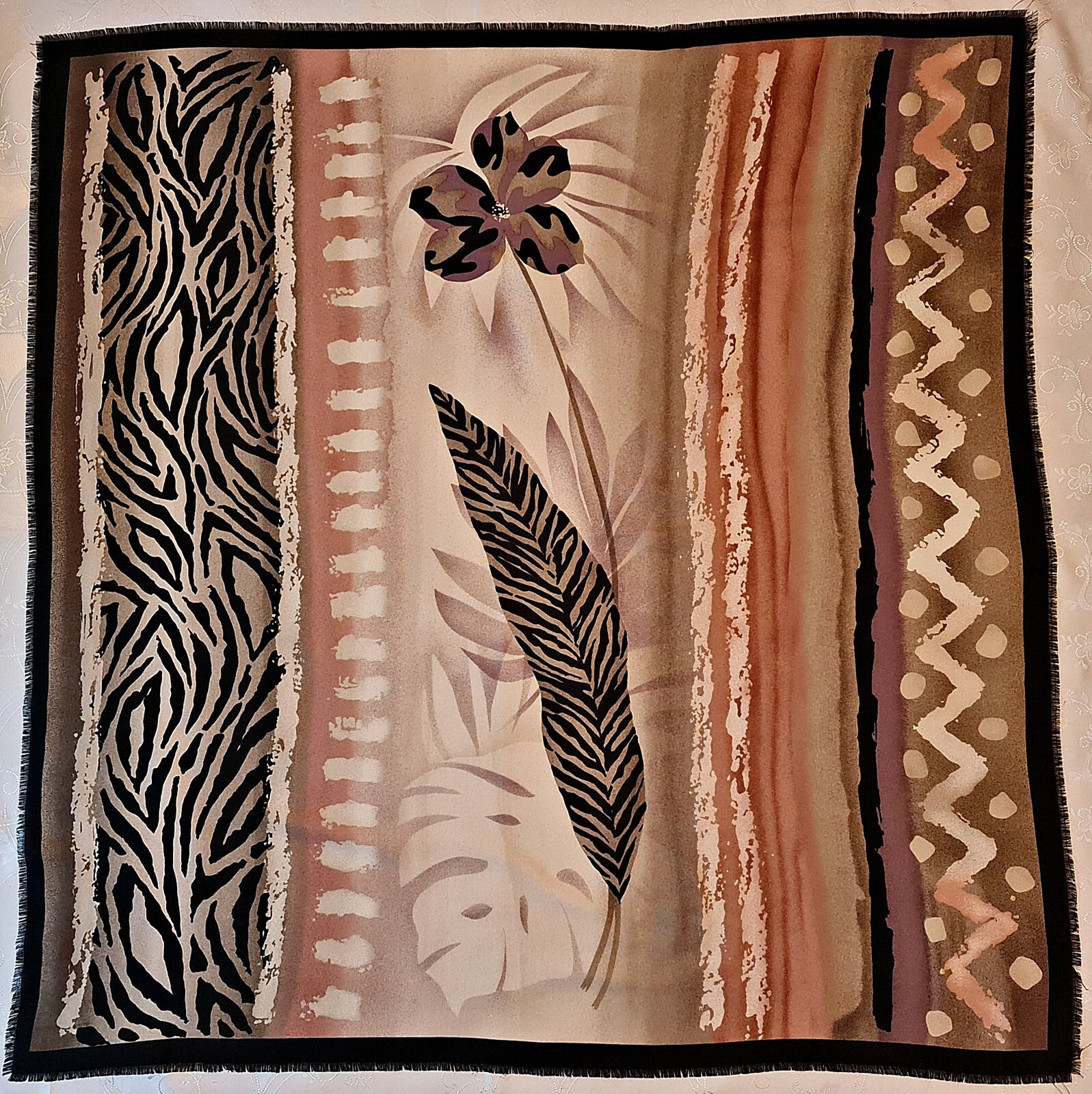 Vintage Authentic Scarf with Animal Print and Flower Design in Beige Black Mauve Colors 48-Inch Square-image