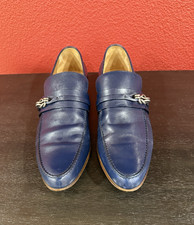 GUCCI BLUE LEATHER SLIP-ON LOAFERS Silver Chain Bit - Men's Sz US 9.5/EU 42.5