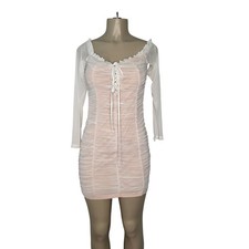Fashion Nova Dress Womens 1XL White Ruched Mesh Lace Up Mini Bodycon Club Party