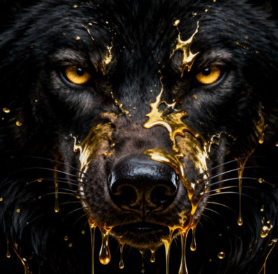 Wütender Wolf mit Gold, Tier Kunst Wandbild, Acrylglas, Leinwand oder Poster