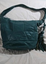 ISABELLA FIORE Green Leather Patchwork Boho Hobo Tassel Shoulder Bag