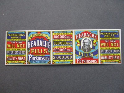 Kunst LESEZEICHEN Parkinson Kopfschmerztabletten Etikett 1890 BEAMISH Freilichtmuseum