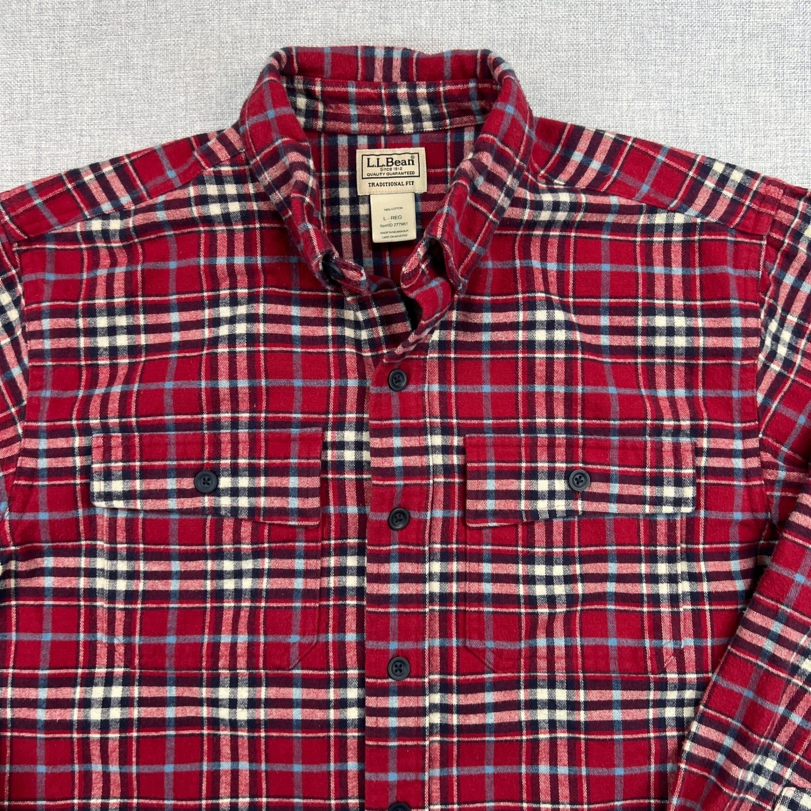 LL Bean Flannel Shirt Mens L Red Navy Plaid Cotton Traditional Fit Outdoors Soft