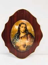 Quadro Arte Sacra luminoso vintage Sacro Cuore di Gesù 1950s cornice in legno