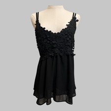 Black Cami Lingerie Slip Dress Floral Lace Bodice Whimsigoth Coquette Fairy L