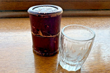 Antique Etched Glass Tot Isle of Man Three Legs Motif Leather Case Collectable