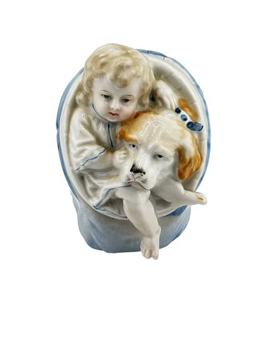 Antique German Porcelain Figure Matchstick Holder Girl & Dog