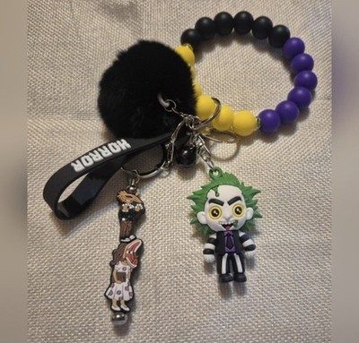 Beetlejuice Rubber Keychain with Pom Pom, Beaded Bracelet & Detachable Keyring