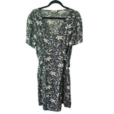 LOFT Outlet Floral Print V Neck Smocked Waist Midi Dress Womens XL Black Green