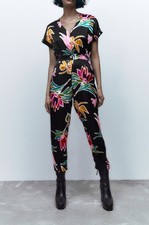 ZARA Stunning Black Floral Satin Jumpsuit Size S RRP £69