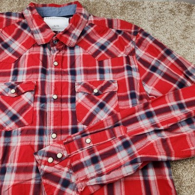 Aeropostale Mens XL Red Plaid Western Pearl Snap Shirt Long Sleeve Cotton
