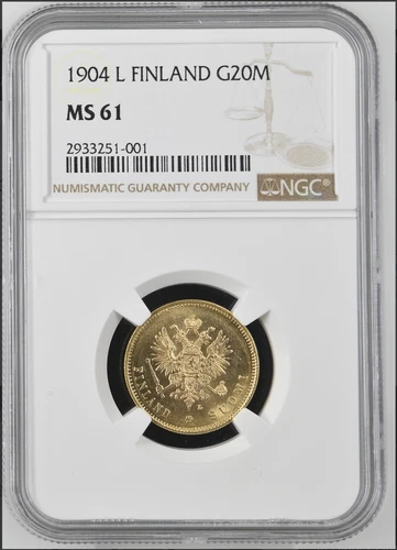 Undergraded! Finland 1904 L Gold 20 Markkaa Coin NGC MS 61 BU Uncirculated