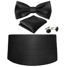 Cummerbund and Bow Tie Set Solid Color Adjustable Formal Men's Black Cumberbu.