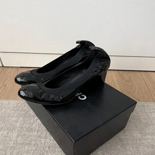 CHANEL Women s Black Cap Toe Round Toe Block Heel Pumps Leather Slip-On