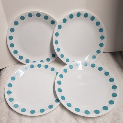 Corelle South Beach Set Of 4 Dinner Plates 10.25  Round Turquoise Dots EUC