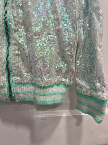 Disney Sparkling Sequin ARIEL Seafoam GreenBomber Jacket SMALL Girls Pre Loved - Picture 3 of 6
