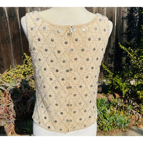 Vintage Wool Beaded Sequin Tank Top Womens Medium Cream Floral NYE Coquette - Picture 2 of 11