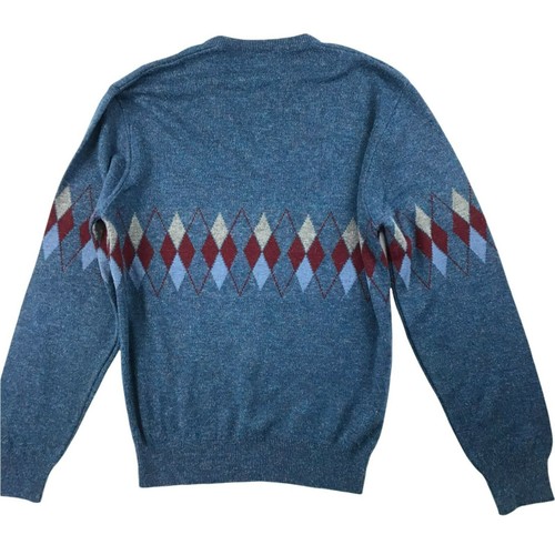 Vintage Mens Sweater Union made USA M vneck Blue argyle lightweight menswear 90s - Picture 2 of 11