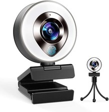 1080P Webcam with Ring Light and Dual Mics, Adjustable Brightness, Plug  Play