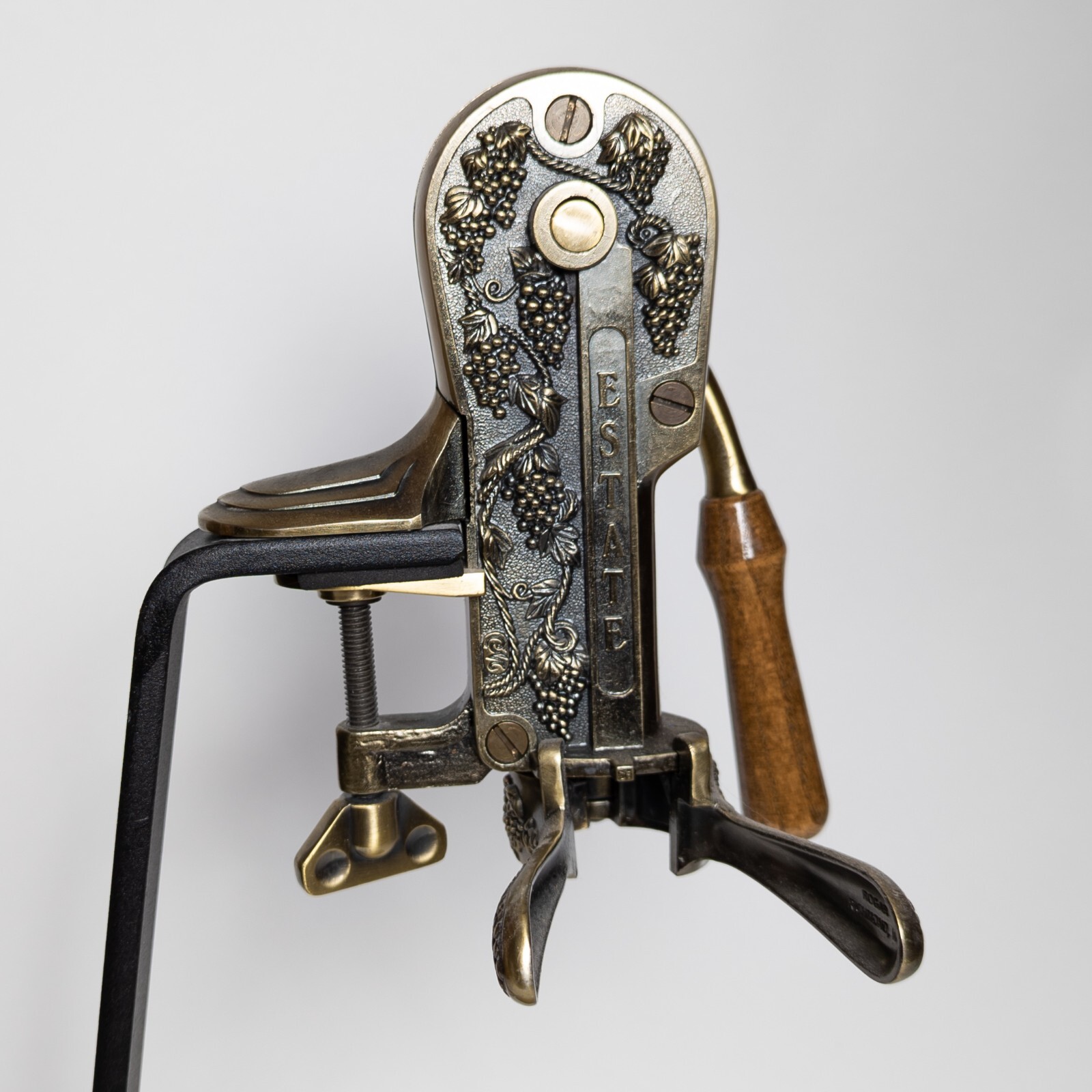 Vtg Estate Wine Bottle Opener Corkscrew Ornate Brass Table Top Wood Base Rogar eBay