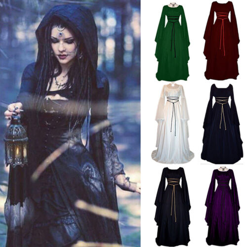 Womens Renaissance Medieval Gothic Long Dress Witch Halloween Cosplay Costume'우 - Foto 1 di 18