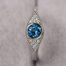 Horizontal London Blue Topaz Ring 925Sterling Silver Ring Round Cut Ring for her