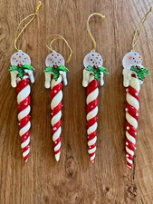 Snowman Head Twisted Candy Cane Glass Icicle Hanging Ornament Set of 4