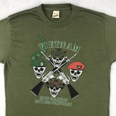 vtg 80s VIETNAM WAR GOOD SOLDIERS BAD POLITICIANS SKULL T-Shirt S
