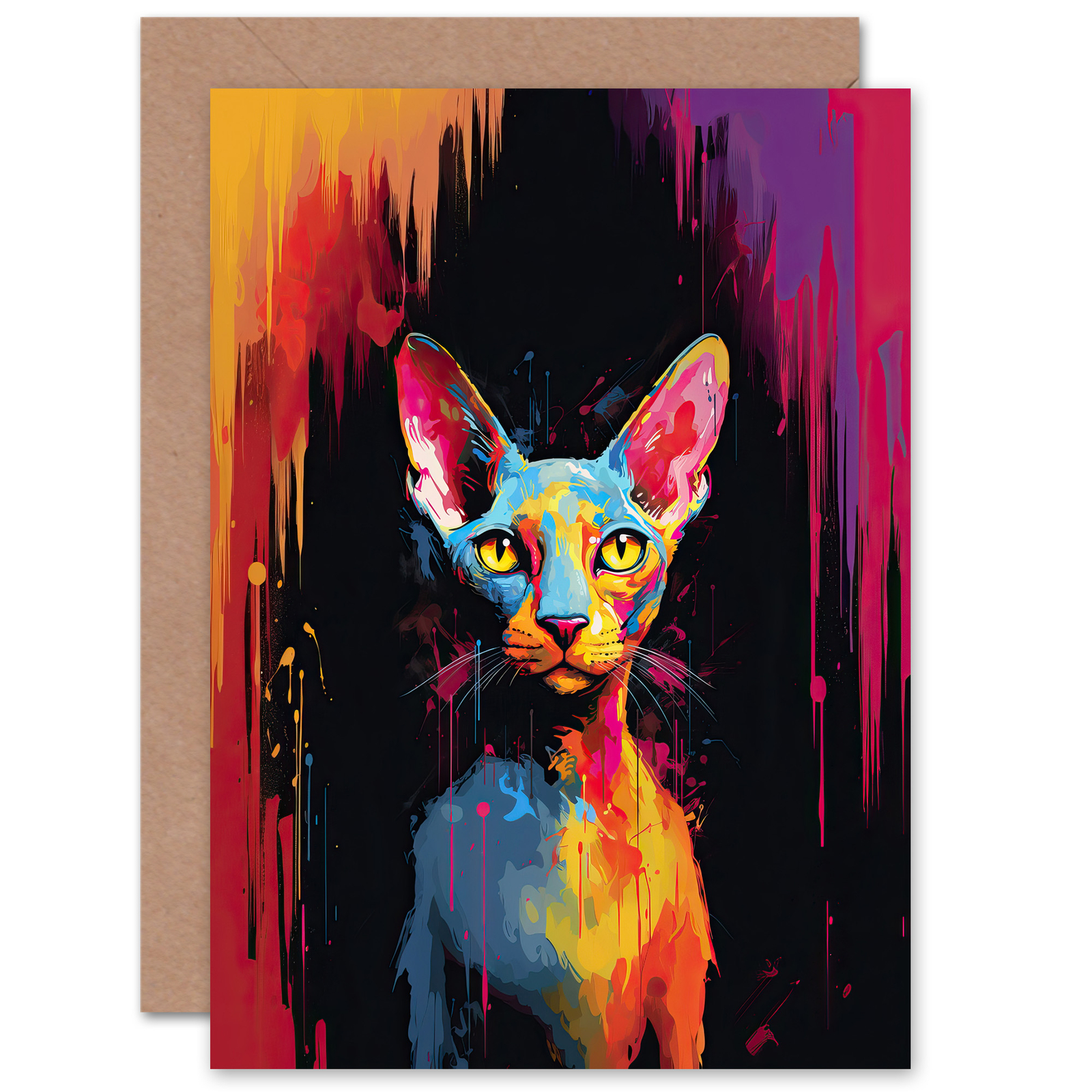 Sphynx Cat Lover Gift Pet Portrait Colourful Painting Blank Greeting Card